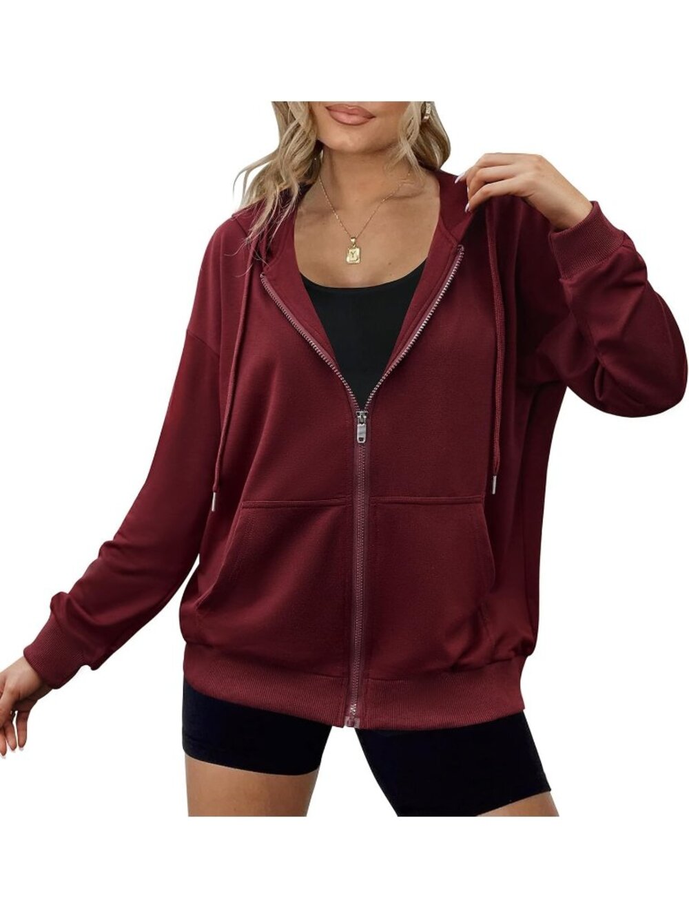 Women Wine Red Long Sleeve Zip Up Oversized Sweatshirt Pockets Zipper Jackets
